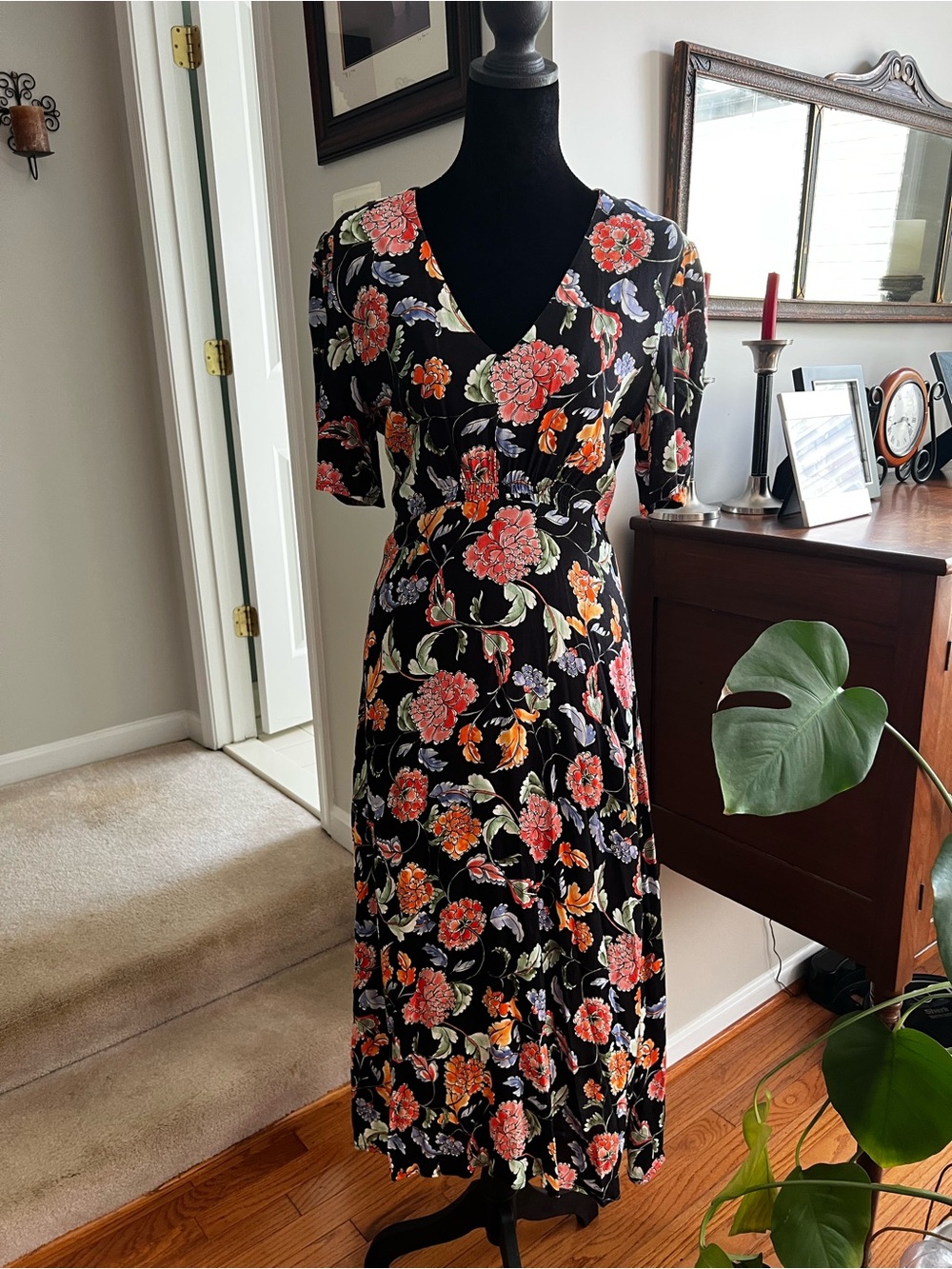 Kachel x Anthropologie Emma Black Floral Midi Dress